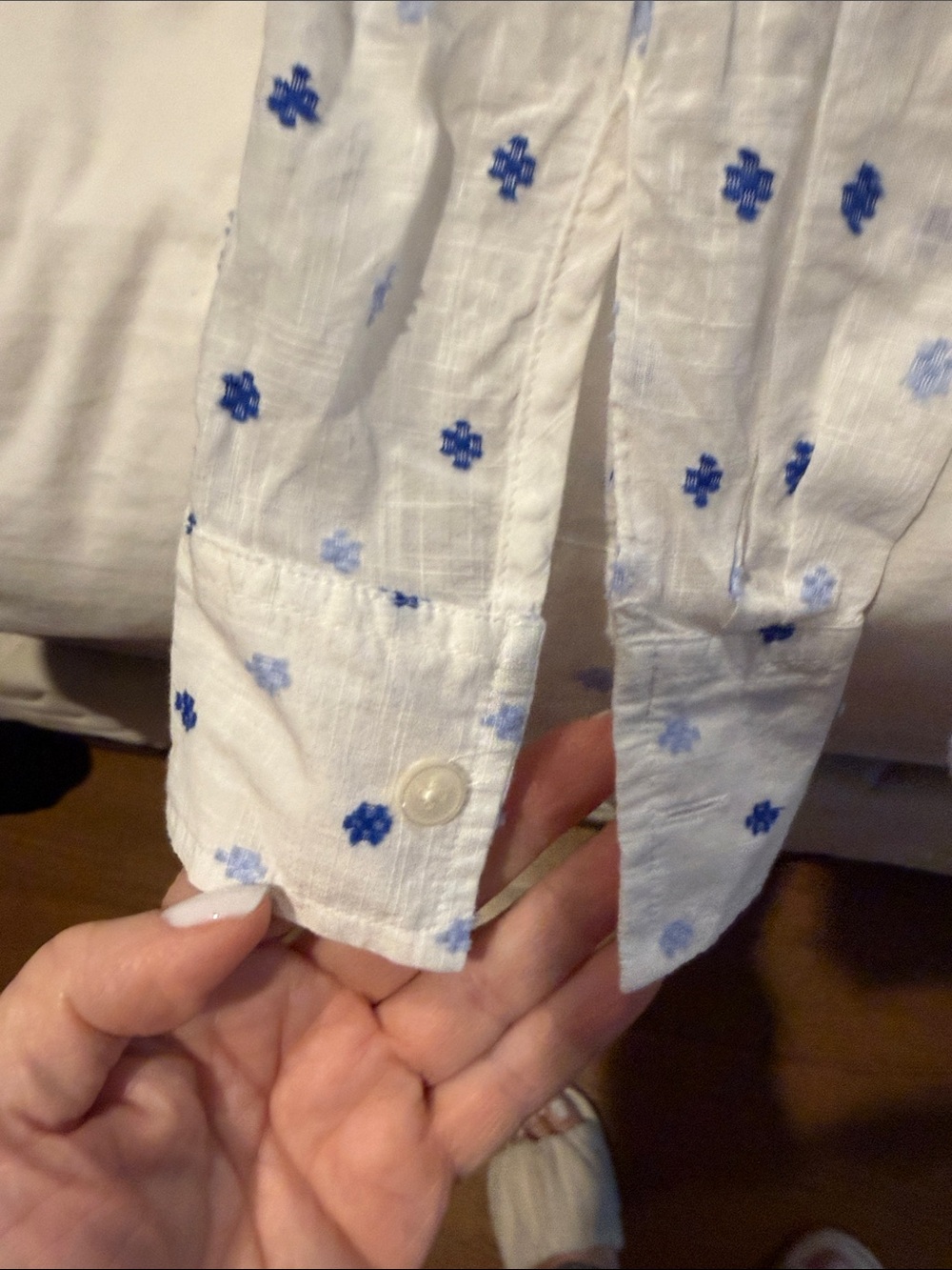 LOFT White Button-Down Shirt with Blue Dot Print and Front Tie - Picture 4 of 5